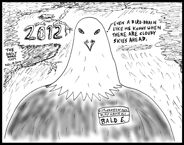background: Cloudy skies and thunderstorms, with 2012 displayed as dark clouds. foreground: Bald Eagle saying: Even a bird brain like me knows when there are cloudy 
skies ahead. the eagle wears a badge saying: US Forecasters Assn. Hi, my name is: BALD E. from TheDailyDose.com