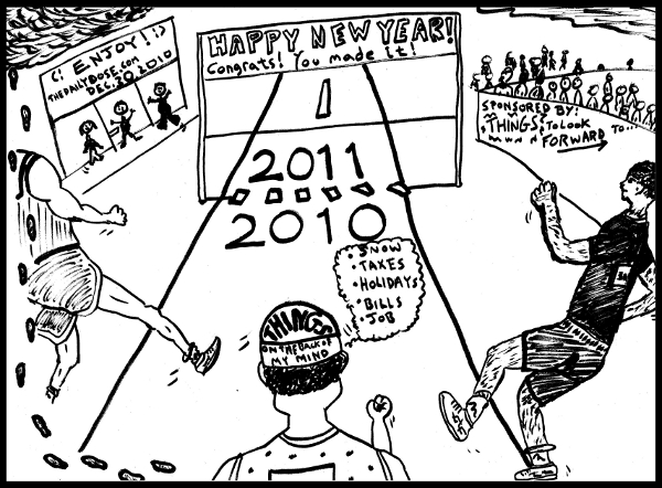 cartoon: it's a race to new year's eve 2010 - 2011, and the finish line is in sight, from TheDailyDose.com