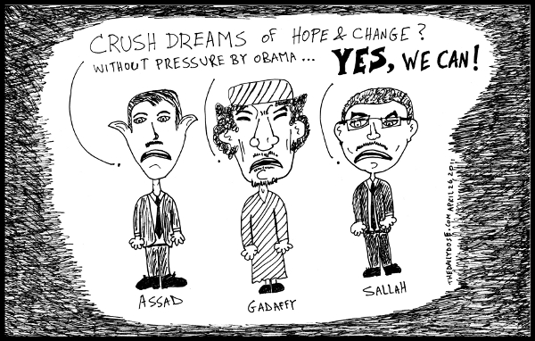 cartoon comic strip featuring arab dictators assad gadaffi 
and sallah under no pressure from u.s. president obama , from laughzilla for TheDailyDose.com