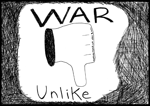 cartoon comic strip featuring an unlike icon for war , from laughzilla for 
TheDailyDose.com