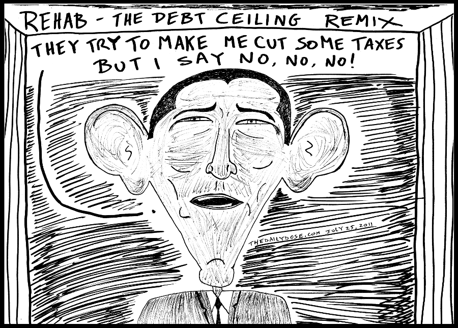 editorial cartoon panel of president obama redux of amy winehouse rehab song lyrics for his stance on taxes and the u.s. debt ceiling news parody line drawing art ink on paper 2011 july 25 , from laughzilla for TheDailyDose.com