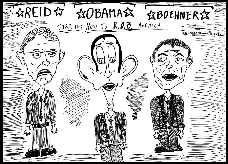editorial cartoon panel of senator reid and congressman boehner with president obama as stars of a new movie called how to R.O.B. America news parody line drawing art ink on paper 2011 july 31 , from laughzilla for TheDailyDose.com