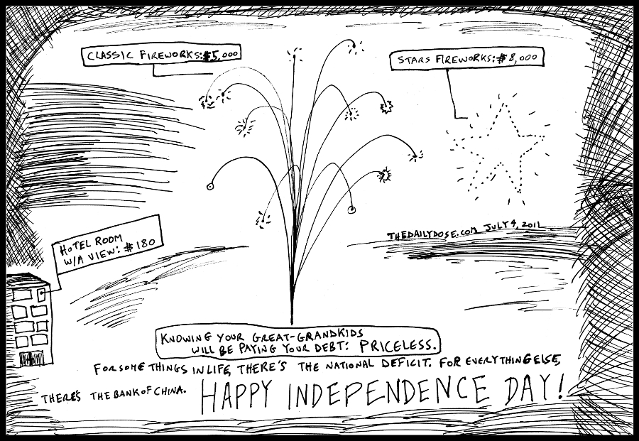 political cartoon panel of american independence day in debt to the 
bank of china as a classic mastercard advertising parody line drawing art ink on paper 2011 july 4 , from laughzilla for TheDailyDose.com