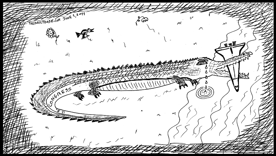 political cartoon panel parody of 
the u.s. congress crying crocodile tears over the end of the nasa space shuttle program which it killed off news satire science culture line drawing art ink on paper 2011 june 1 , from laughzilla for TheDailyDose.com