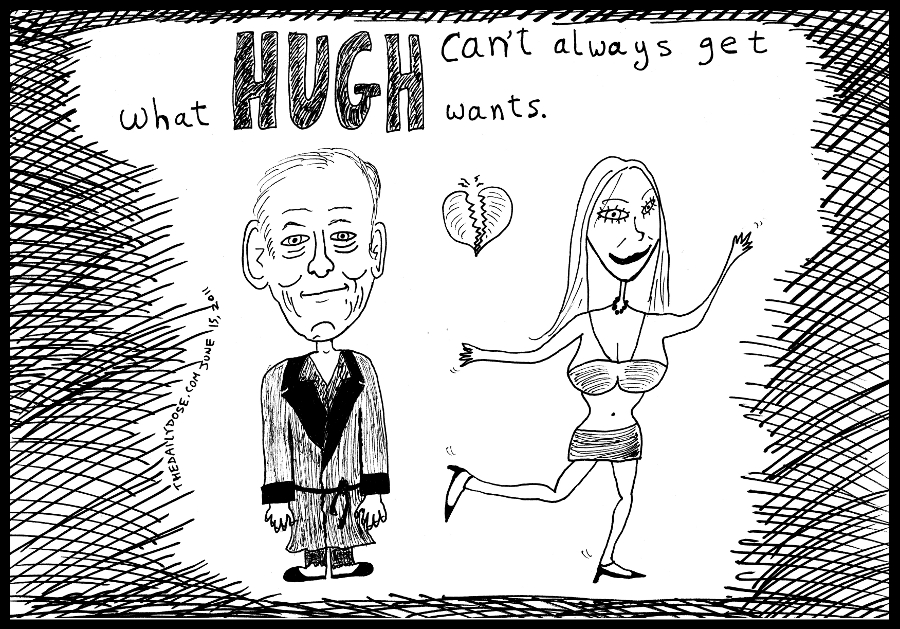 cartoon panel of 85 year old 
media mogul hugh hefner getting dumped by 25 year old playboy bunny crystal harris three days before wedding line drawing people power parody art ink on paper 2011 june 15 , from laughzilla for TheDailyDose.com