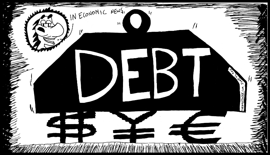 political cartoon panel debt weight crushing 
dollar yen and euro currency in global economy business news line drawing art ink on paper 2011 june 21 , from laughzilla for TheDailyDose.com