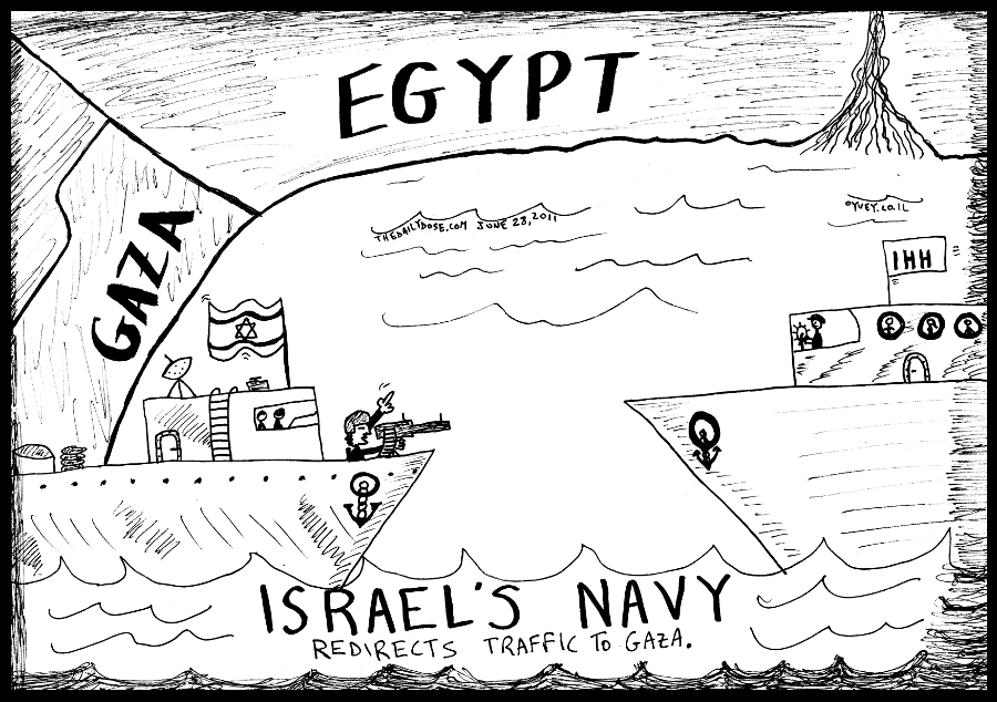 political cartoon panel of israel navy ship 
policing ihh palestinian activists flotilla to port in el-arish egypt for entrance to gaza strip news line drawing art ink on paper 2011 june 28 , from laughzilla for TheDailyDose.com