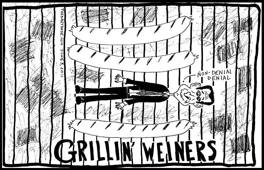 cyberculture political cartoon panel parody of u.s. congressman anthony 
weiner twitter pic scandal internet tech news satire line drawing art ink on paper 2011 june 3 , from laughzilla for TheDailyDose.com