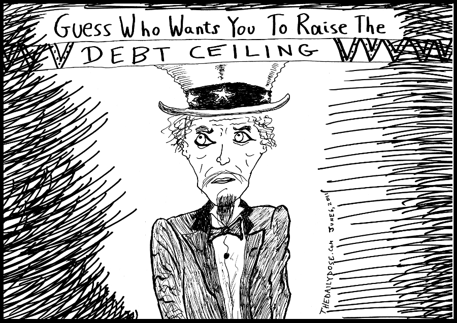 political cartoon panel of uncle sam parody 
poster to raise the u.s. debt ceiling news satire line drawing art ink on paper 2011 june 6 , from laughzilla for TheDailyDose.com