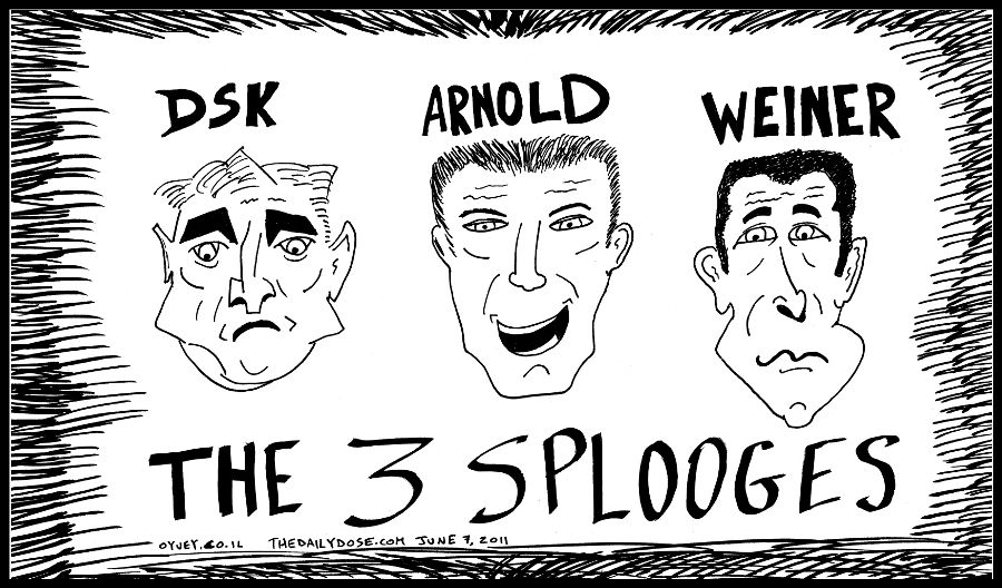 political cartoon panel of former imf boss dsk former 
governor arnold sperminator and congressman anthony weiner as the three splooges news satire line drawing art ink on paper 2011 june 7 , from laughzilla for TheDailyDose.com