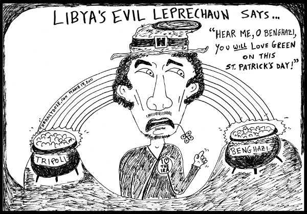 cartoon about St. Patrick's Day and the Green loving Col. Gaddafi in 2011, from laughzilla for TheDailyDose.com