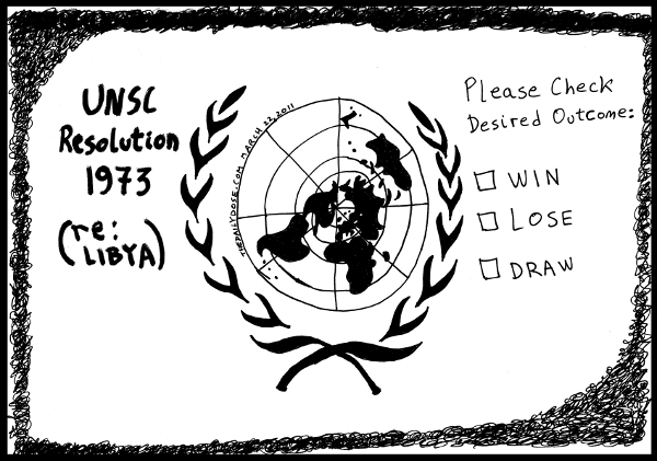cartoon comic strip featuring possible outcomes of un 
security council resolution 1973 regarding libya , from laughzilla for TheDailyDose.com and oyvey.co.il