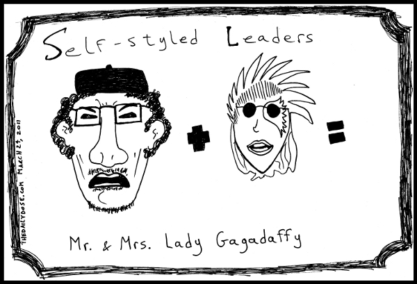 cartoon comic strip featuring a very fashionable fantasy bad romance of 
gaddafi and lady gaga , from laughzilla for TheDailyDose.com