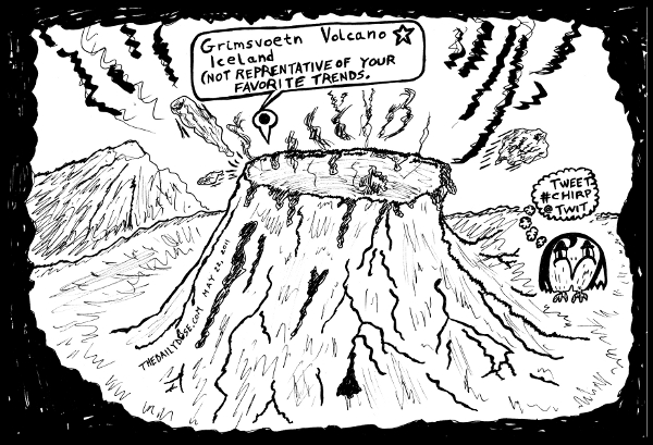 editorial cartoon panel featuring iceland volcano grimsvoetn 
culture parody cyberculture trend line drawing art ink on paper 2011 may 23 , from laughzilla for TheDailyDose.com