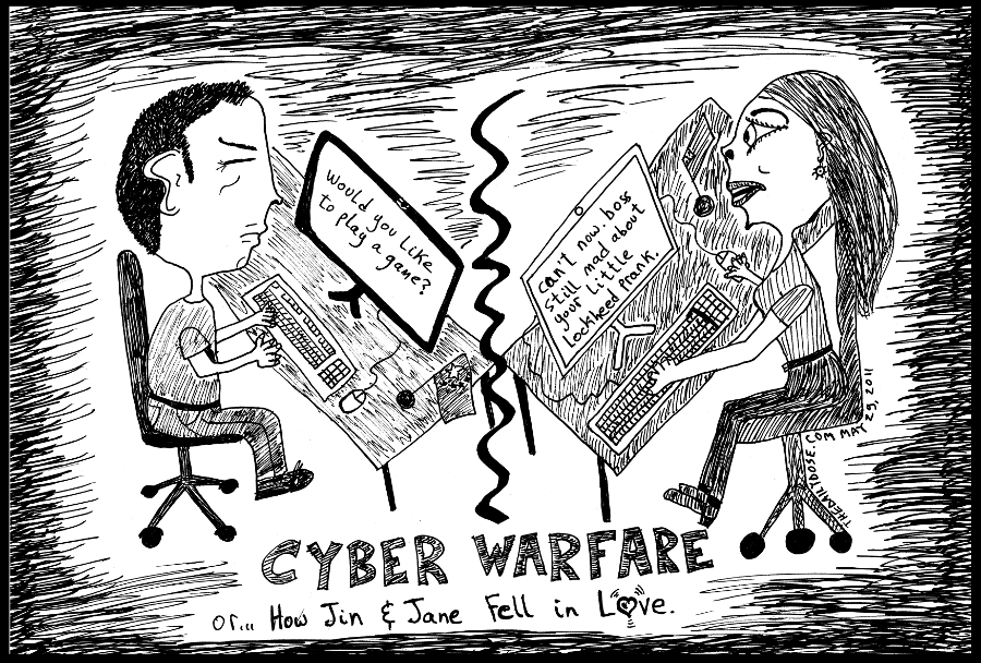 political cartoon panel parody of china u.s. cyber war 
lockheed martin attack news satire cyberculture relationship parody line drawing art ink on paper 2011 may 28 , from laughzilla for TheDailyDose.com