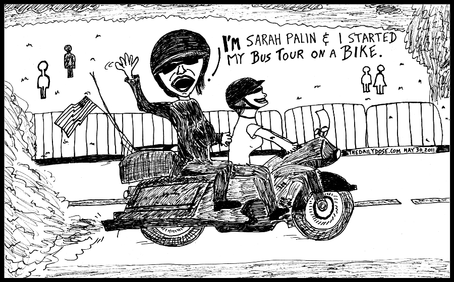 political cartoon panel parody of u.s.  political figure 
sarah palin starting a bus tour on a motorbike in washington, dc on memorial day news satire americana biker culture parody line drawing art ink on paper 2011 may 30 , from laughzilla for TheDailyDose.com