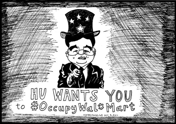 president hu satirized as uncle sam parody for occupy wal*mart cartoon