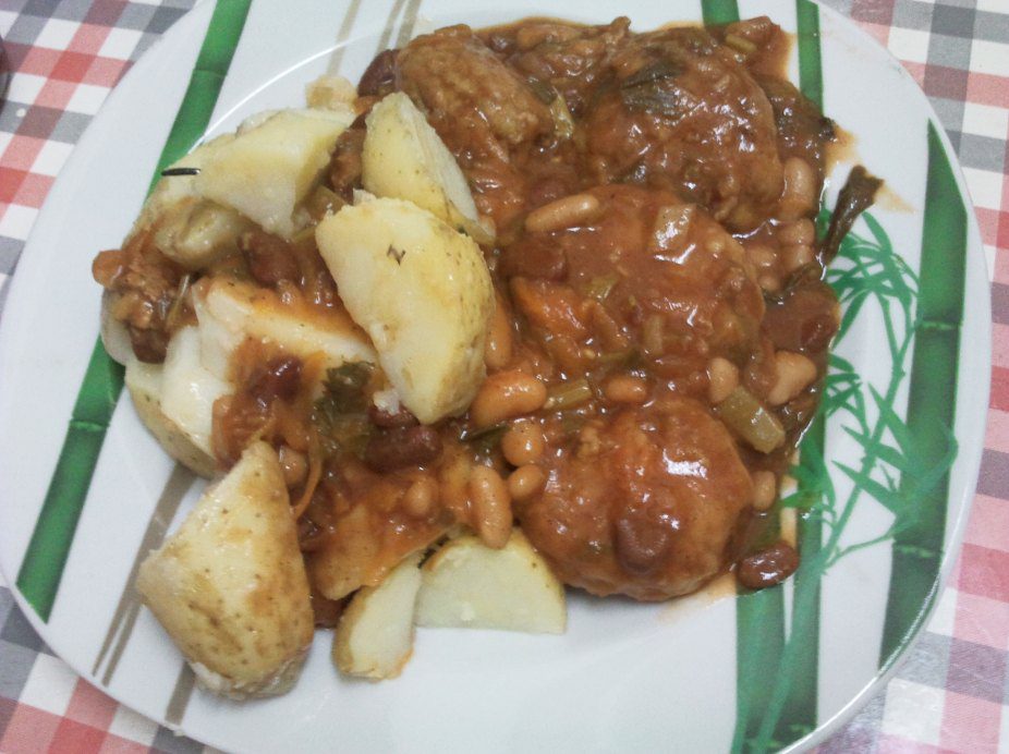 baked bean and celery meat balls and potato entree