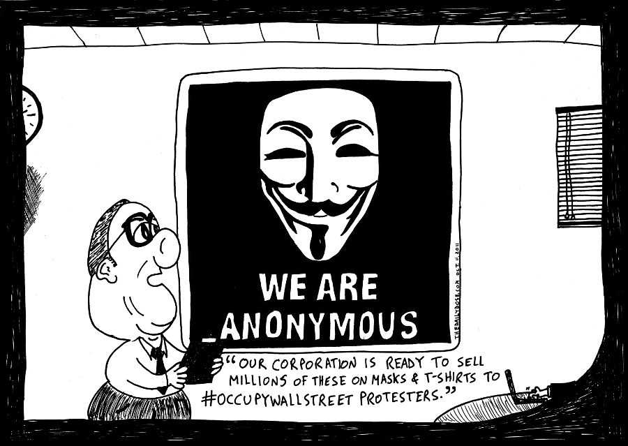 anonymous business cartoon occupywallstreet comic strip caricature by laughzilla for the daily dose