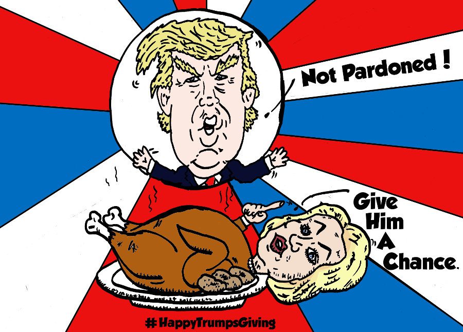 political cartoon feat. President-Elect Donald "The Don" Trump and his defeated opponent Hillary Clinton as the roasted turkey